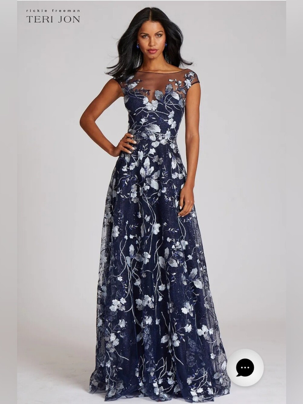 Teri Jon Navy Maxi Dress with Silver Floral Embroidery - Picture 1 of 14